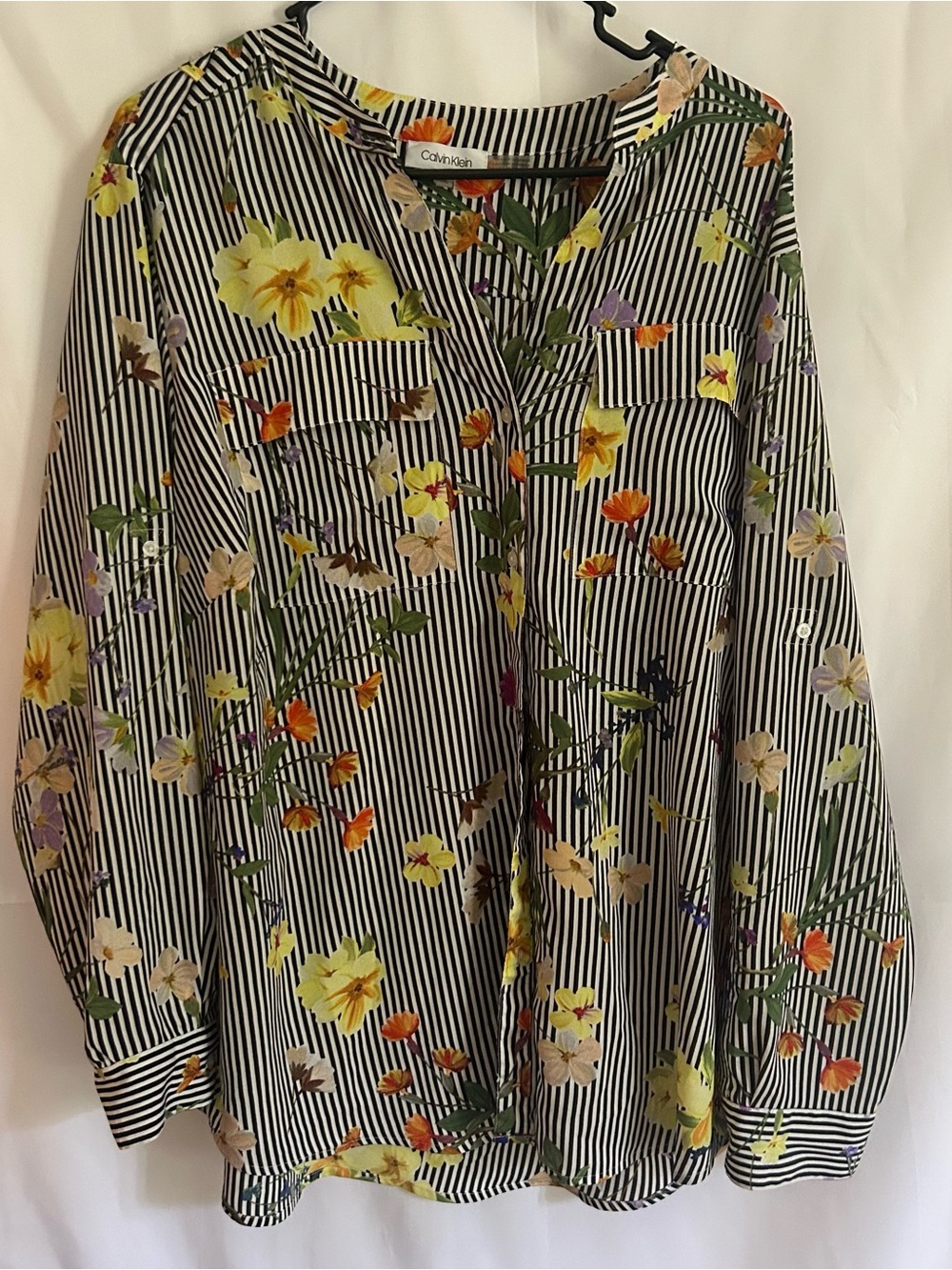 Calvin Klein floral striped long sleeve button up blouse size XL